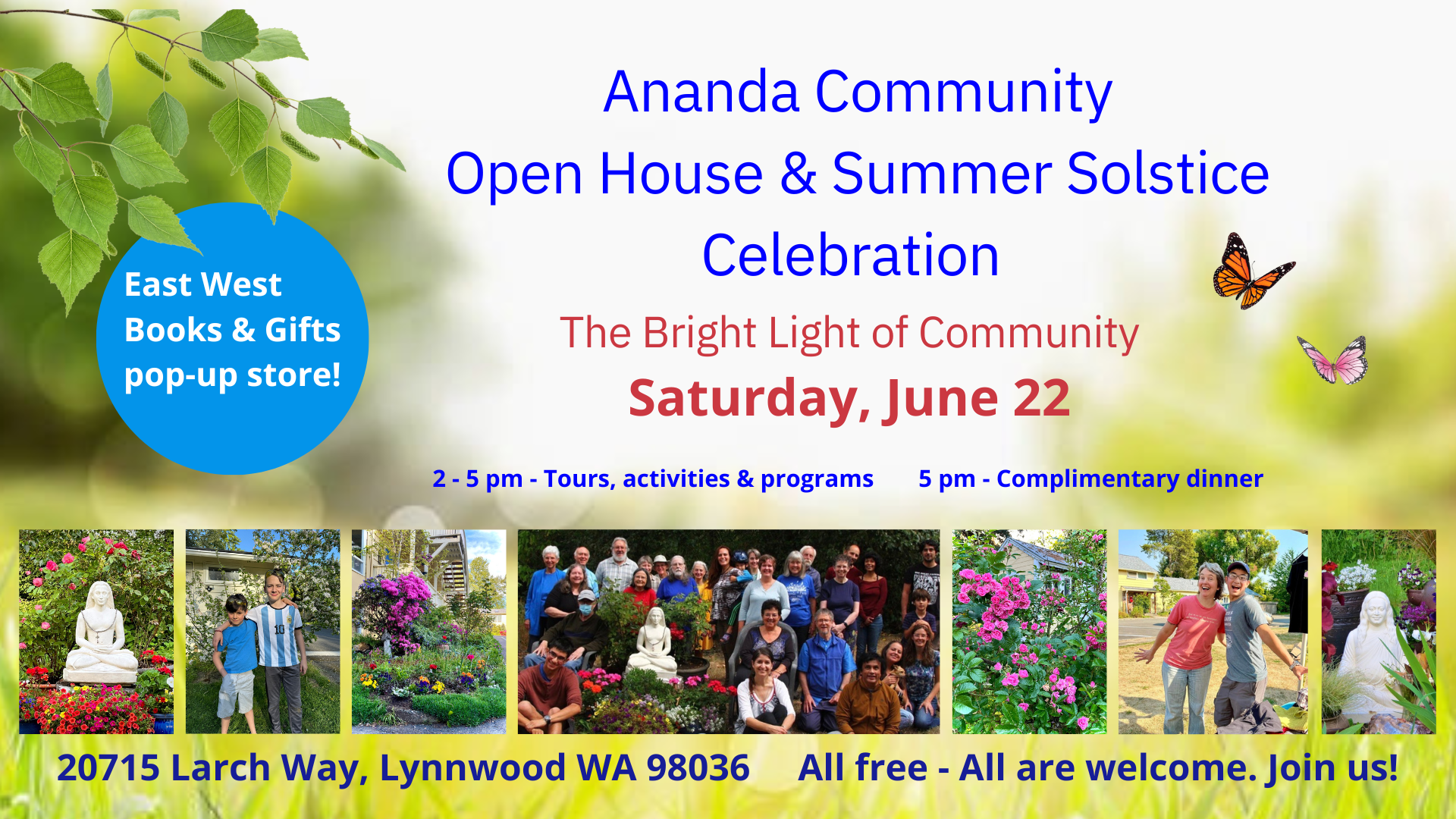 June 22nd - Saturday, 2-5 PM PT - Ananda Community  Open House & Summer Solstice Celebration